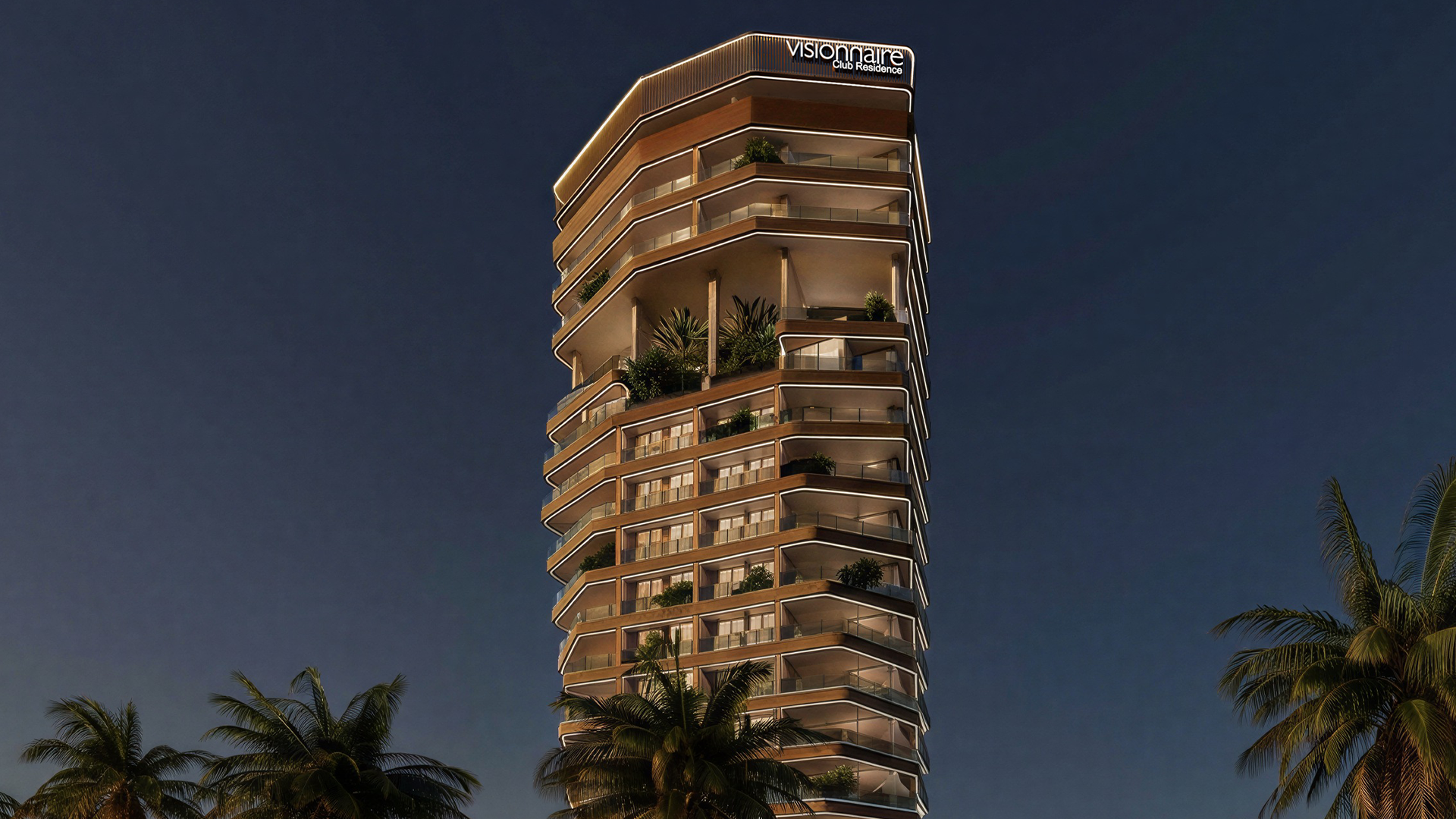 Visionnaire Residences tower at night